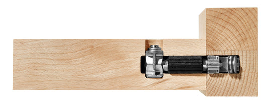 Festool Verbinder-Set EV/32 Queranker und Spreizanker in Holz eingesetzt, Detailansicht der Verbindungselemente mit