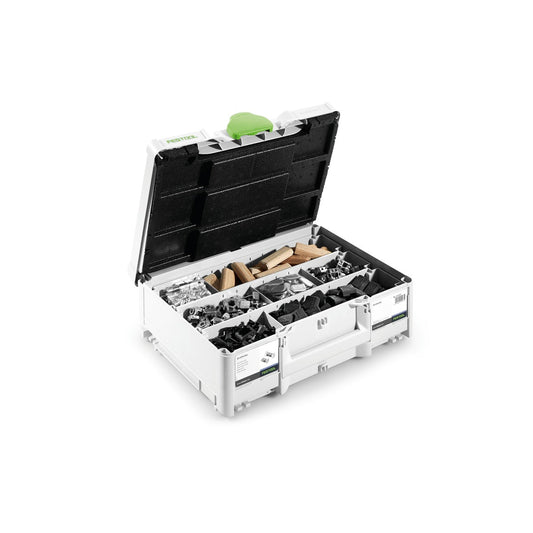 Festool DOMINO Verbinder Sortiment SYS D14 in geöffnetem Systainer mit Dübeln, Verbindern und Zubehör