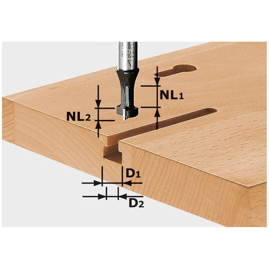 Festool T-Nutfräser HW S8 D10,5/NL13 mit Maßangaben bei Anwendung in Holz