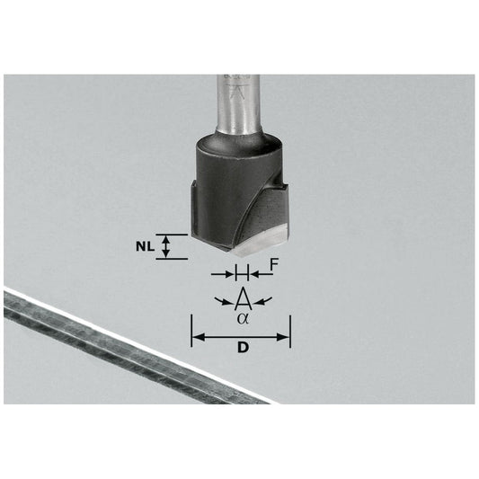 Festool V-Nutfräser HW mit technischen Maßen NL, F, A, α und D für Nutfräsungen