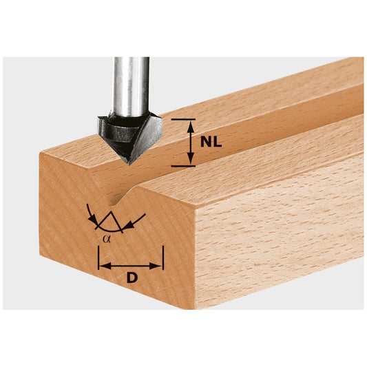 Festool V-Nutfräser HW bei der Anwendung, V-Nut in Holz fräsend mit Kennzeichnung von Nuttiefe NL, Schnittwinkel α und
