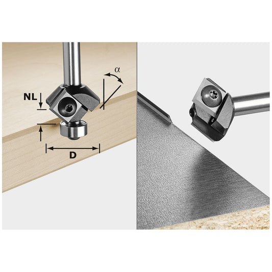 Festool Fasefräser-Wendeplatte S8 HW 45° in Anwendung mit Maßangaben und Detailansicht der Fasenbearbeitung an Holzkante