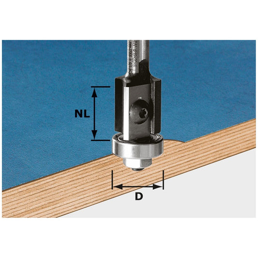 Festool Bündigfräser-Wendeplatte HW mit Anlaufkugellager auf Holz, Maße NL und D gekennzeichnet.