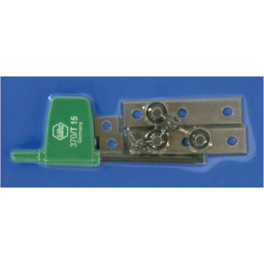 Festool Wendeplatten-Set Wepla mit grünem TX-Schlüssel und Metallwendeplatten auf blauem Untergrund