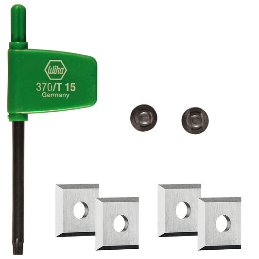 Festool Wendeplatte HW-WP Lieferumfang mit grünem TX-Schlüssel und vier Hartmetall-Wendeplatten