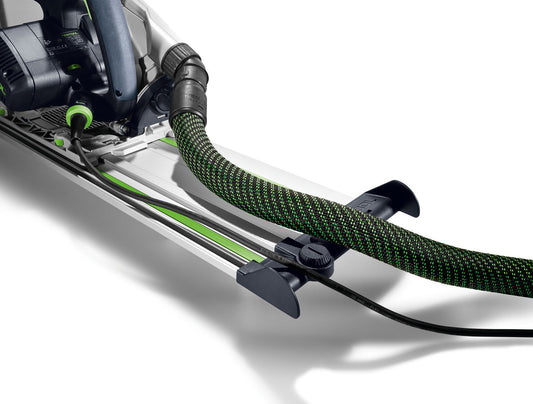 Festool Abweiser FS/2-AW mit Führungsschiene und Saugschlauch in Anwendung beim Sägen