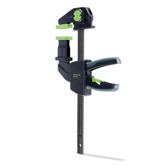 Festool Einhandzwinge FS-EZ 150/2 mit Pumphebel, grünen Kunststoffkappen und Spreizbacken in Frontansicht.