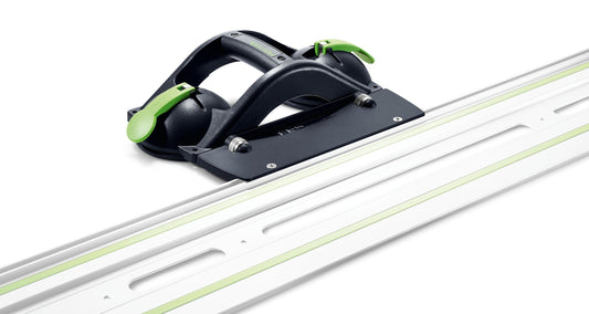 Festool Adapter AD-DOSH-FS verbunden mit Führungsschiene FS, grüne Griffe, werkzeuglose Montage auf Schiene