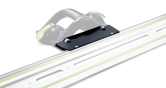 Festool GECKO DOSH Doppelsaugheber mit Adapter auf Führungsschiene montiert, grüne Spannhebel sichtbar.