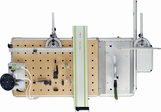 Festool MFT/3 Multifunktionstisch mit Lochplatte, Aluprofil, Spannern, integrierten Werkzeugen und Absauganlage, Draufsicht.