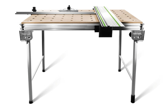 Festool Multifunktionstisch MFT/3 Basic mit Lochplatte, Aluprofil und Führungsschiene, klappbare Beine, Gesamtansicht.