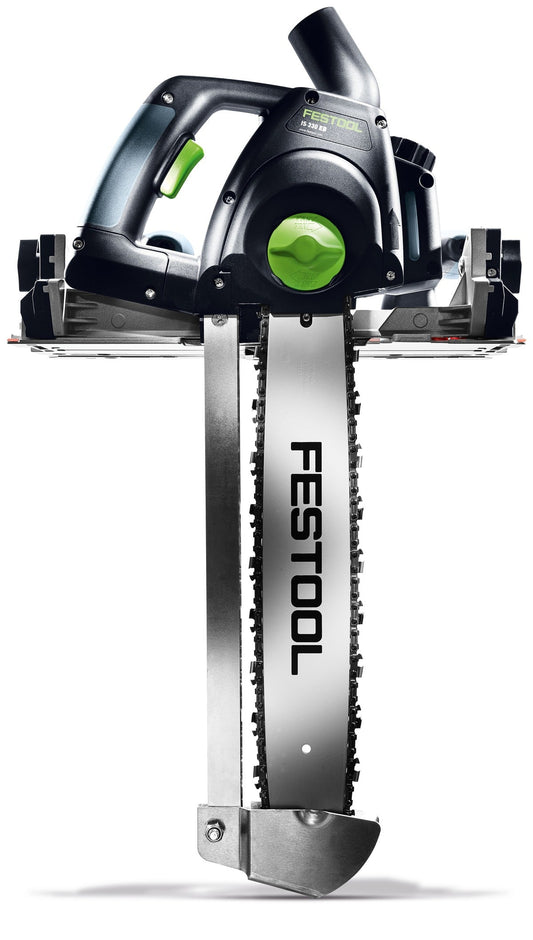 Festool Schwertsäge IS 330 EB mit Schwert und Kettenschleifer, Frontansicht, schwarze Motorhaube mit grünem Absaugstutzen.