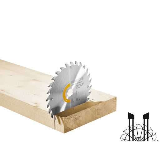 Festool WOOD UNIVERSAL HW Kreissägeblatt mit Hartmetallzähnen beim Schnitt durch Holz, gelbe Farbcodierung sichtbar