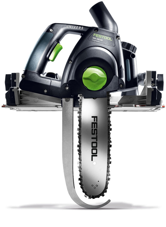 Festool Schwertsäge SSU 200 EB mit Alu-Druckgusstisch und grünem Drehrad, Frontansicht.