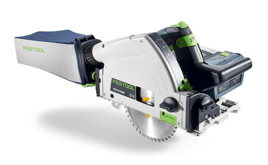 Festool Akku-Tauchsäge TSC 55 KEB mit Sägeblatt, Systainer und Akku-Modul in Seitenansicht