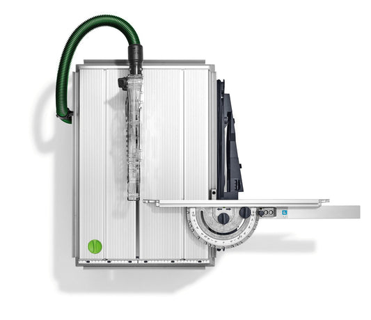 Festool PRECISIO CS 50 EBG-FLR Tischzugsäge Draufsicht mit grünem Absaugschlauch und Winkelanschlag