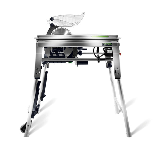 Festool Tischzugsäge PRECISIO CS 70 EBG mit schwenkbarem Sägeblatt und Zugfunktion auf Untergestell.