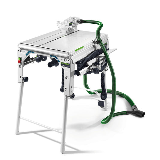 Festool Tischzugsäge PRECISIO CS 70 EBG mit grünem Absaugschlauch und klappbarem Sägeaggregat auf Alu-Arbeitstisch.