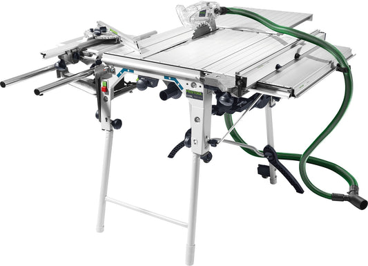 Festool CS 70 ST Schiebetisch mit Tischverbreiterung, Winkelanschlag und grünem Absaugschlauch
