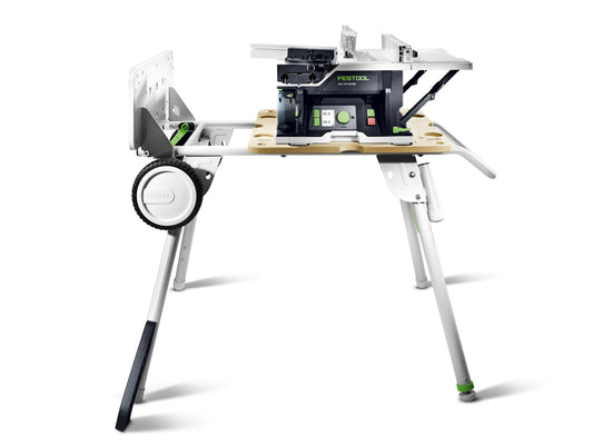 Festool CSC SYS 50 EB Akku-Tischkreissäge im Systainer-Format mit Schiebeschlitten und Winkelverstellung.