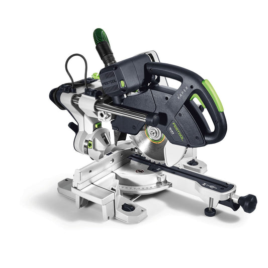 Festool KAPEX KS 60 E Kapp-Zugsäge mit schwenkbarem Sägetisch in Hauptansicht, grüner Griff, Gehrungswinkel-Verstellung