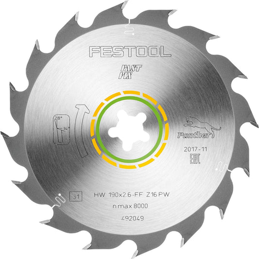 Festool Kreissägeblatt WOOD RIP CUT HW 190x2,6 mit Hartmetallzähnen, Panther Zahnform, gelbe Farbcodierung, Draufsicht.