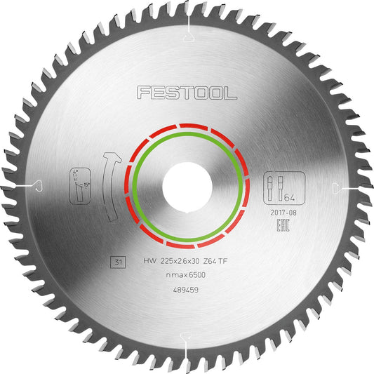 Festool Kreissägeblatt LAMINATE/HPL HW 225x2,6x30 Z64 TF mit roten Sägezähnen aus Hartmetall.