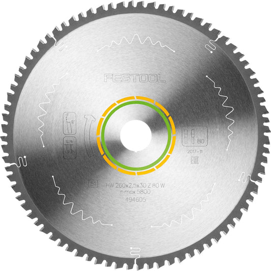 Festool WOOD FINE CUT HW Kreissägeblatt 260mm mit Hartmetallzähnen für Feinschnitte in Holz und Plattenmaterial