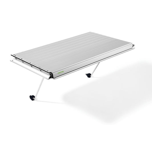 Festool Verbreiterung VB TKS 80 mit ausfahrbarer Auflagefläche und Stützbeinen in Schrägansicht.