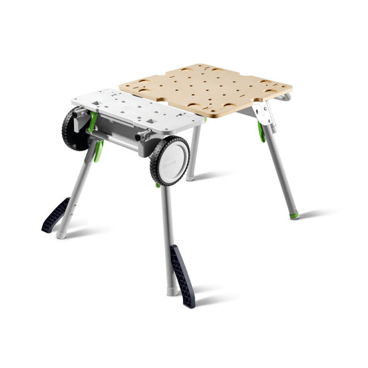 Festool UG-CSC-SYS Untergestell mit Lochmuster-Arbeitstisch, ausklappbaren Beinen und Sackkarre-Funktion.