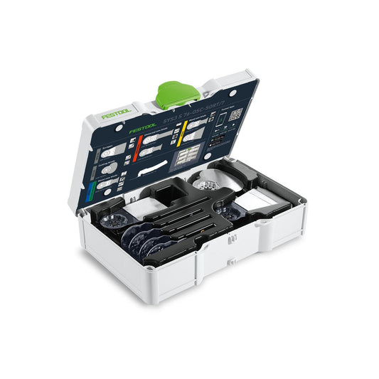 Festool SYS3 S 76-OSC-SORT/7 Oszillierer-Sägeblatt-Set geöffnet mit 7 Sägeblättern im Systainer und Zubehör