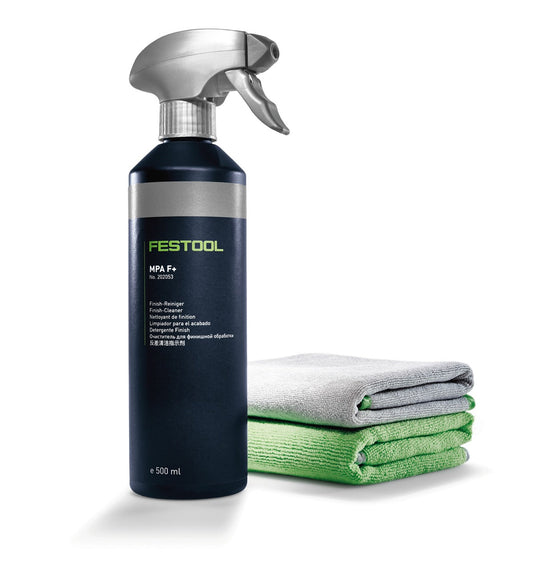 Festool MPA F+ Finish-Reiniger 500ml Sprühflasche mit grünem und grauem Reinigungstuch