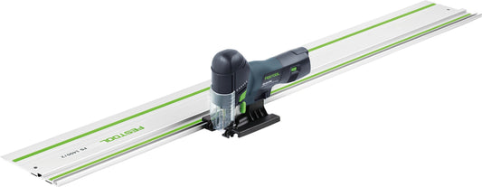 Festool Adaptertisch ADT-PS 420 auf Führungsschiene mit Pendelstichsäge montiert, Hauptansicht.