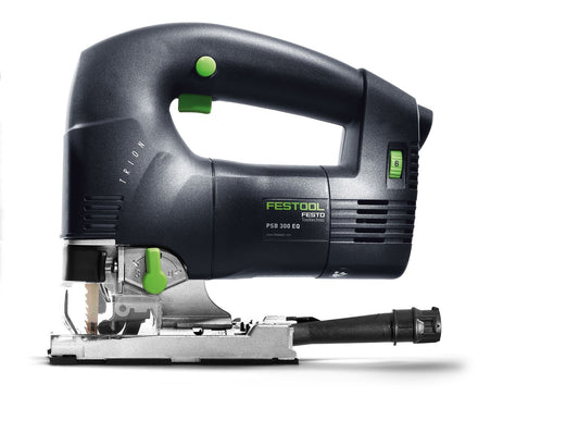 Festool Pendelstichsäge PSB 300 EQ mit grünen Bedienelementen und Sägeblattführung, Seitenansicht.