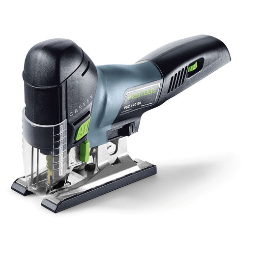 Festool CARVEX PSC 420 EB Akku-Pendelstichsäge mit ergonomischem Griff und bürstenlosem Motor, Seitenansicht.
