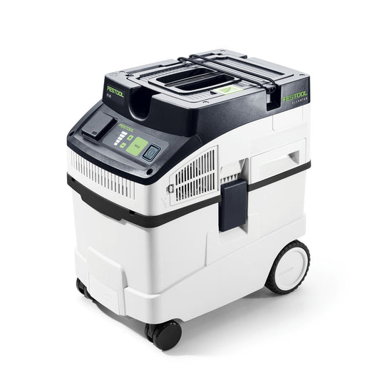 Festool CLEANTEC CT 25 Absaugmobil mit 25 l Behälter, Bedienfeld und Fahrwerk in Frontansicht