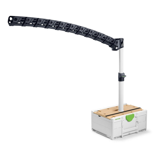Festool Absaugarm CT-ASA FLX J mit Teleskoprohr, schwarzer Armführung und weißem Systainer für Staubabsaugung.