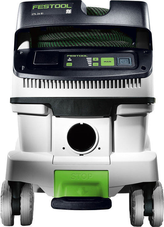 Festool CTL 26 EI Absaugmobil CLEANTEC Frontansicht mit grünem STOP-Knopf und Rollen für bodenschonend arbeiten