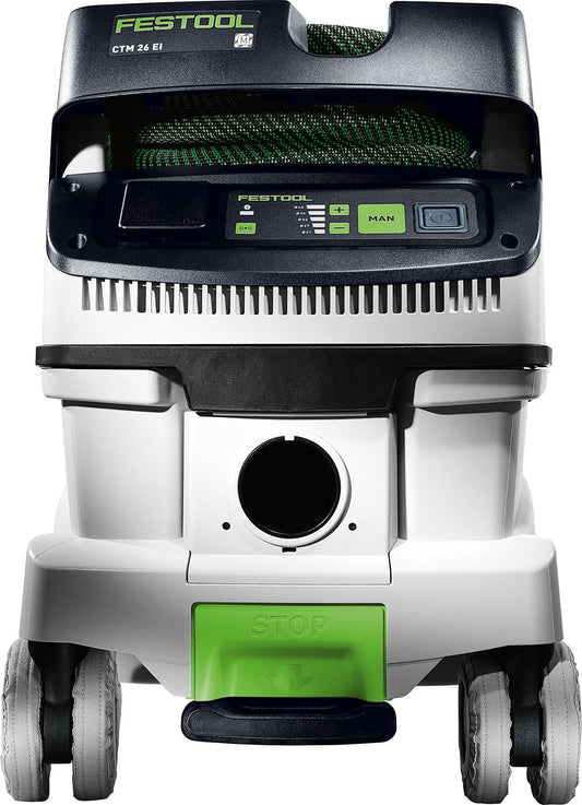 Festool CTM 26 EI-FLR Absaugmobil CLEANTEC Frontansicht mit grünem STOP-Taster und Rollen für empfindliche Böden