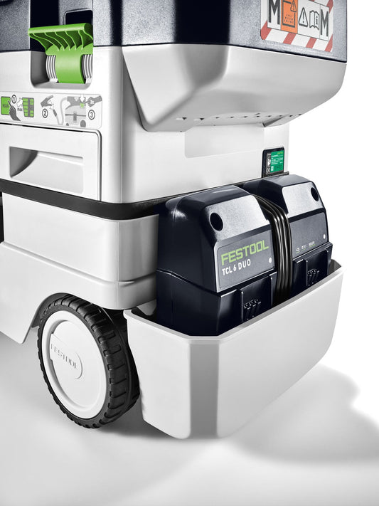 Festool Absaugmobil CTC MINI/MIDI mit montierter Aufbewahrungsbox AB-CTC und Zubehör wie Filterbox und Kabel.