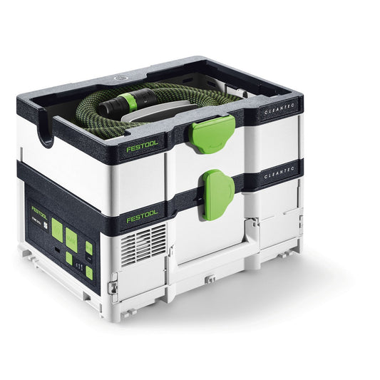 Festool Akku-Absaugmobil CLEANTEC CTMC SYS I-Basic im Systainerformat mit Saugschlauch und grünen Verschlussbändern