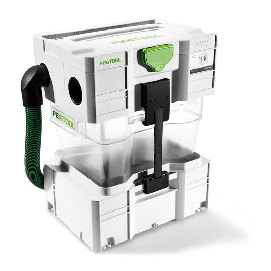 Festool CT-VA-20 Vorabscheider mit Zyklon-Technologie, Auffangbehälter und grünem Absaugschlauch, Hauptansicht.