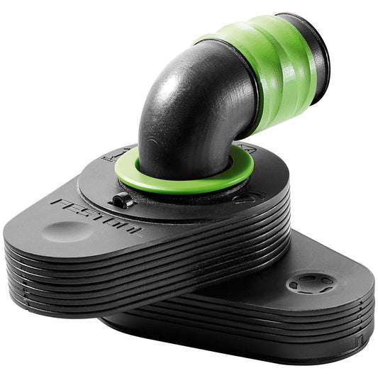 Festool Vakuum-Spanndüse CT-W mit grünem Saugschlauch-Anschluss und schwarzen Spannlamellen von oben fotografiert.