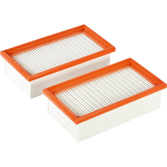 Festool Longlife-Hauptfilter HF-CT/2 zwei Flachfaltenfilter mit orangem Rahmen und weißer Filtermatte.