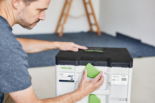 Festool Sitzkissen SK-CT/SYS mit grünem Tragegriff, in Systainer mit Zubehör, Anwendungsbeispiel