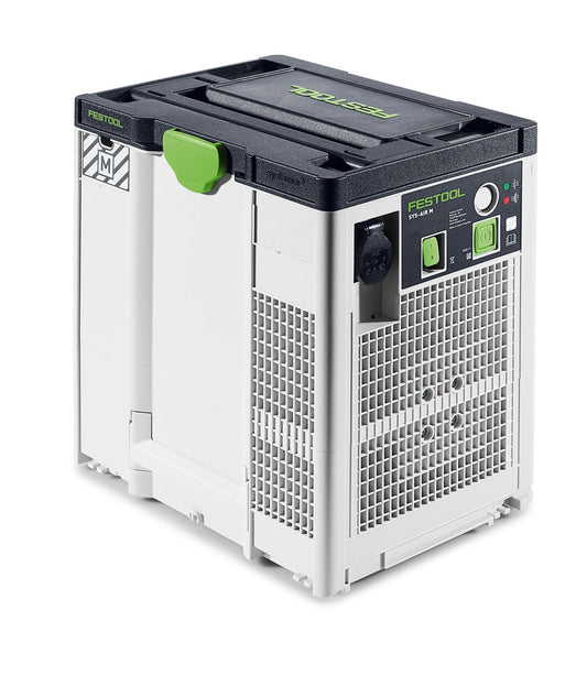 Festool Luftreiniger SYS-AIR M Systainer mit Filteranlage, Bedienelemente und grünem Tragegriff, Frontansicht.