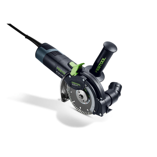 Festool DSC-AG 125 FH-Plus Freihand Trennsystem mit grünem Handgriff und Absaughaube, Ansicht von oben.
