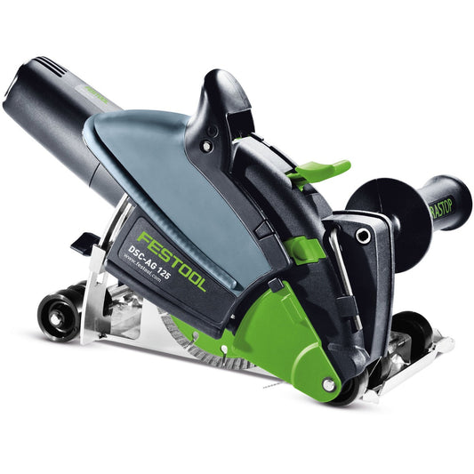 Festool DSC-AG 125-Plus Diamant Trennsystem mit grüner Basis, schwarzem Motor und Führungstisch mit Rollen