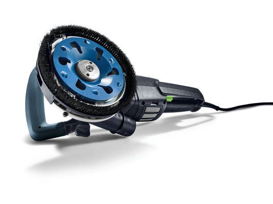 Festool Sanierungsschleifermaschine mit schwarzer Bürste und blauer Diamantschleifscheibe, Seitenansicht