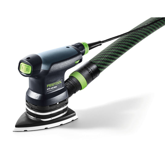 Festool Deltaschleifer DTS 400 REQ mit grünem Staubsaugerschlauch und dreieckigem Schleifschuh.